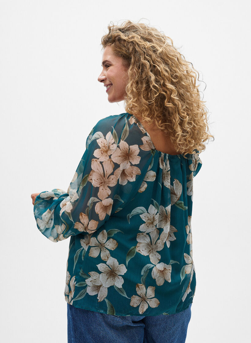 Chiffonbluse med blomstertrykk og lange ermer, Gr&oslash;nn, Model image number 2
