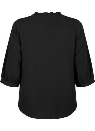 Skjortebluse med 3/4-ermer og volangkrage, Black, Packshot image number 1