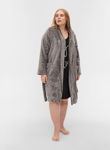 Korte mønstrete morgenkåpe med lommer, Dark Grey, Model image number 2