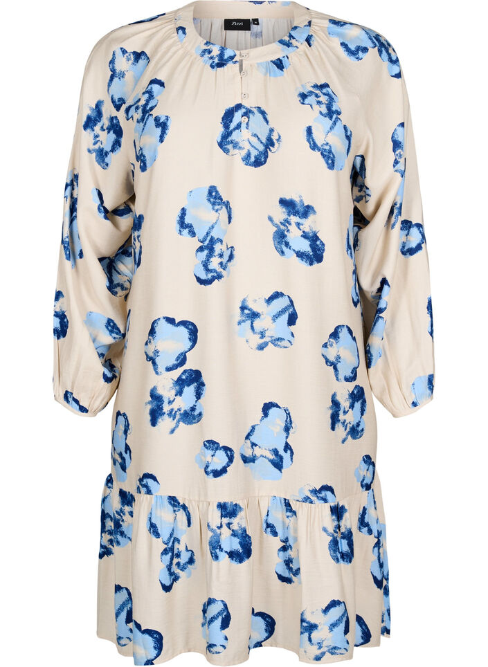Knelang kjole med lange ermer og A-linje snitt, Off White Blue AOP, Packshot