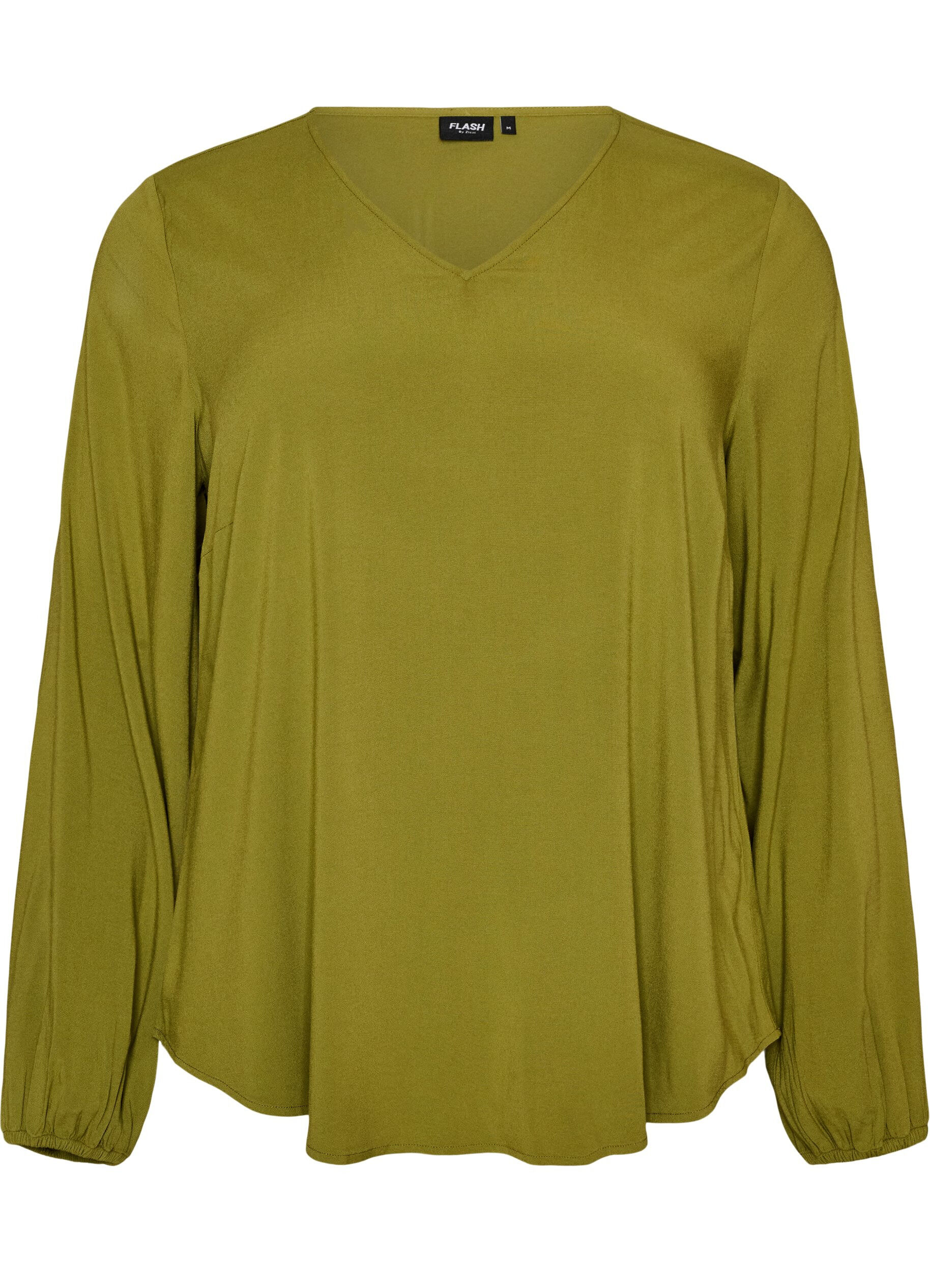ZizziViskosebluse med V-hals og lange ermer, Gr&oslash;nn, Packshot image number 0