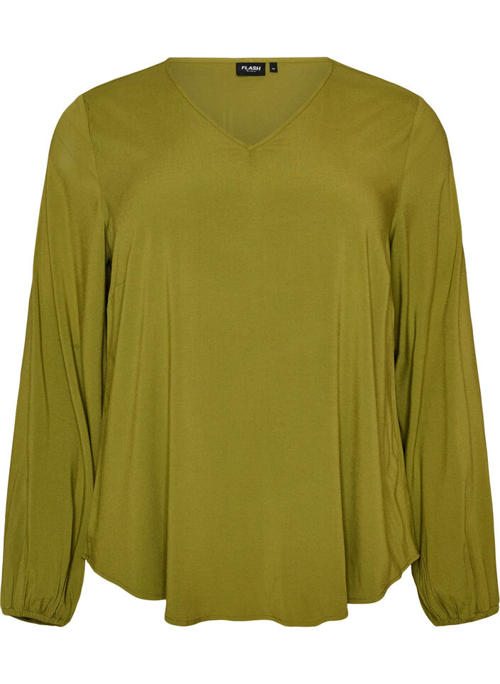 Viskosebluse med V-hals og lange ermer, Gr&oslash;nn, Packshot image number 0