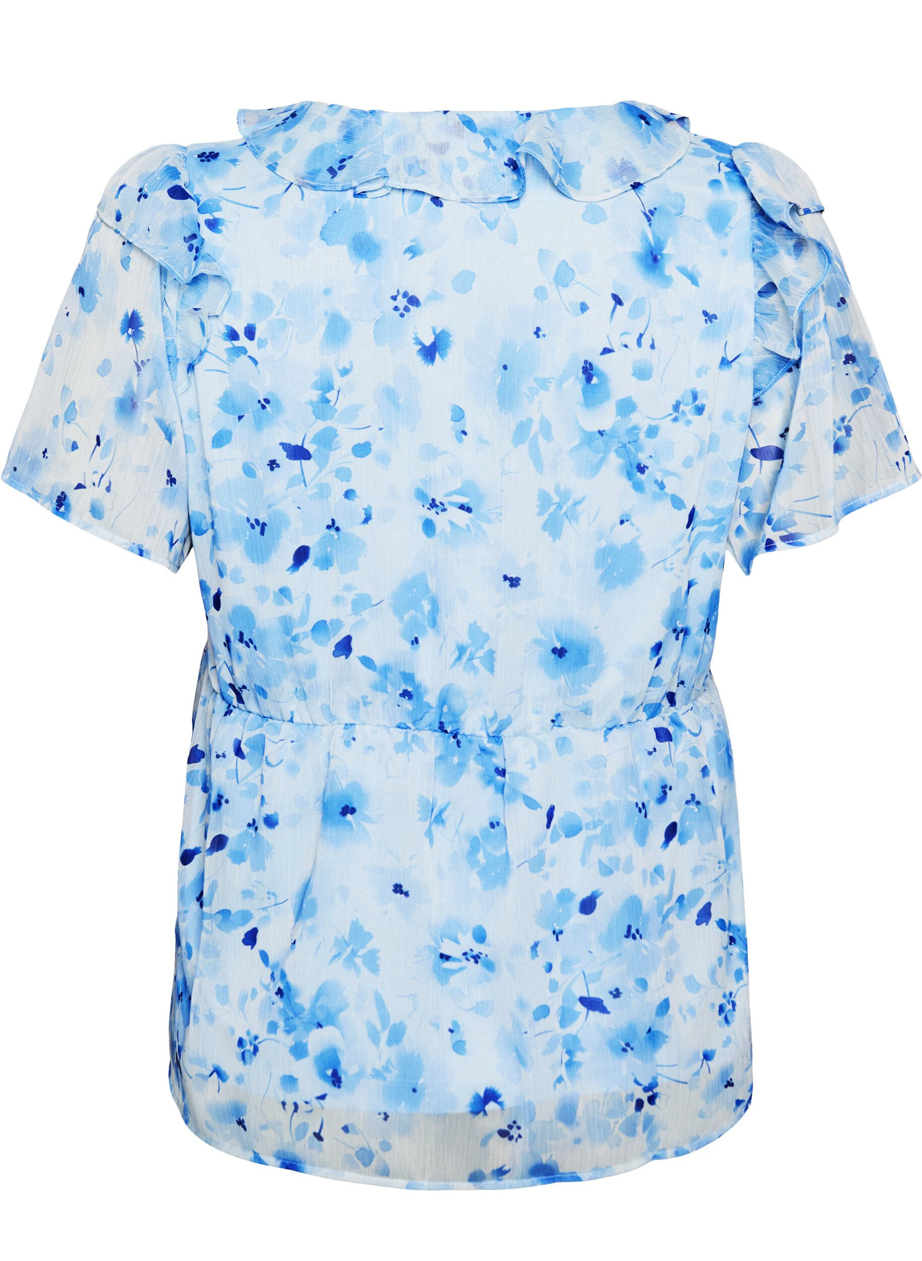 ZizziBlomstret bluse med volangkrage og peplumeffekt, Bl&aring;, Packshot image number 1