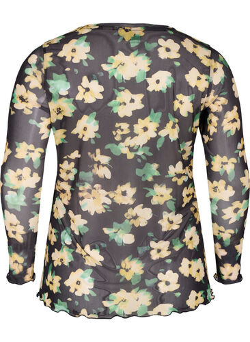 Tettsittende bluse i mesh og blomstermønster, Yellow Green AOP, Packshot image number 1