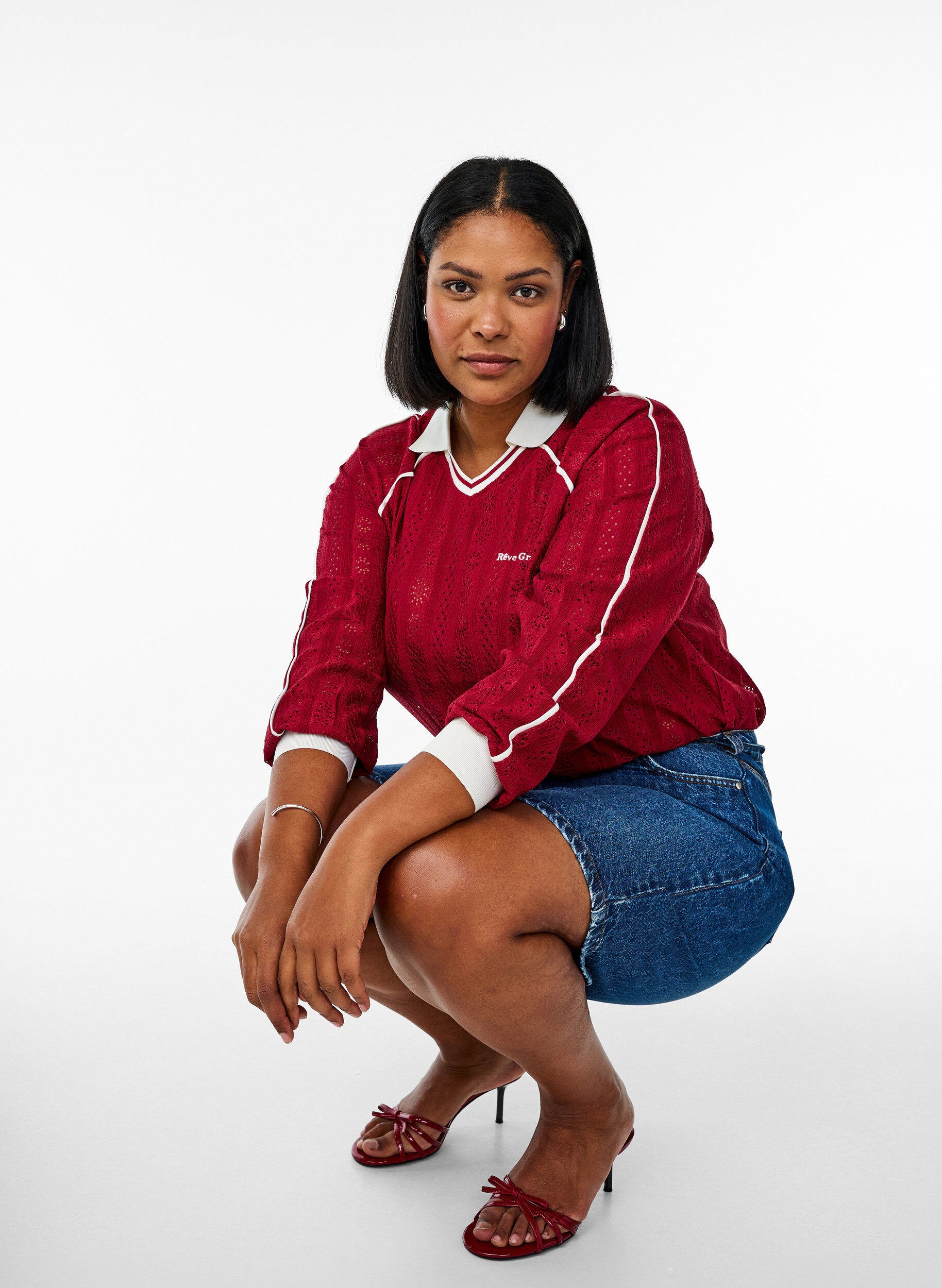 Zizzi Strukturert jersey-bluse med kontrastdetaljer, R&oslash;d, Model image number 3