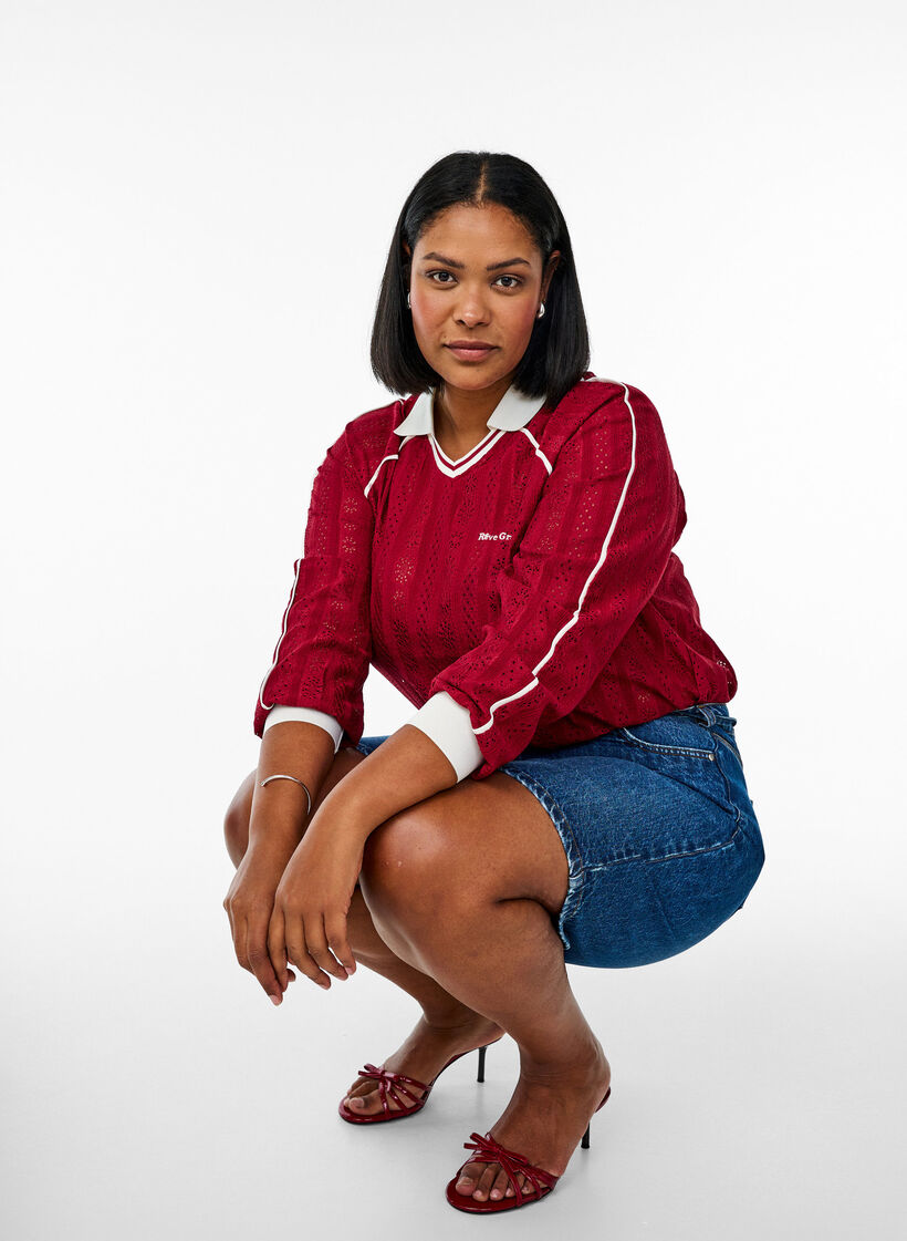 Strukturert jersey-bluse med kontrastdetaljer, Rød, Model image number 3