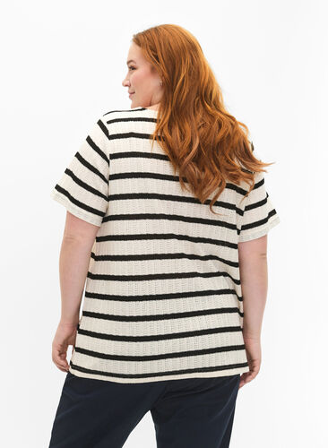 Bluse med korte ermer og kontrastfargede striper, Sand Black Stripe, Model image number 1