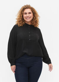 Langarmet bluse med rynke krage, Black, Model