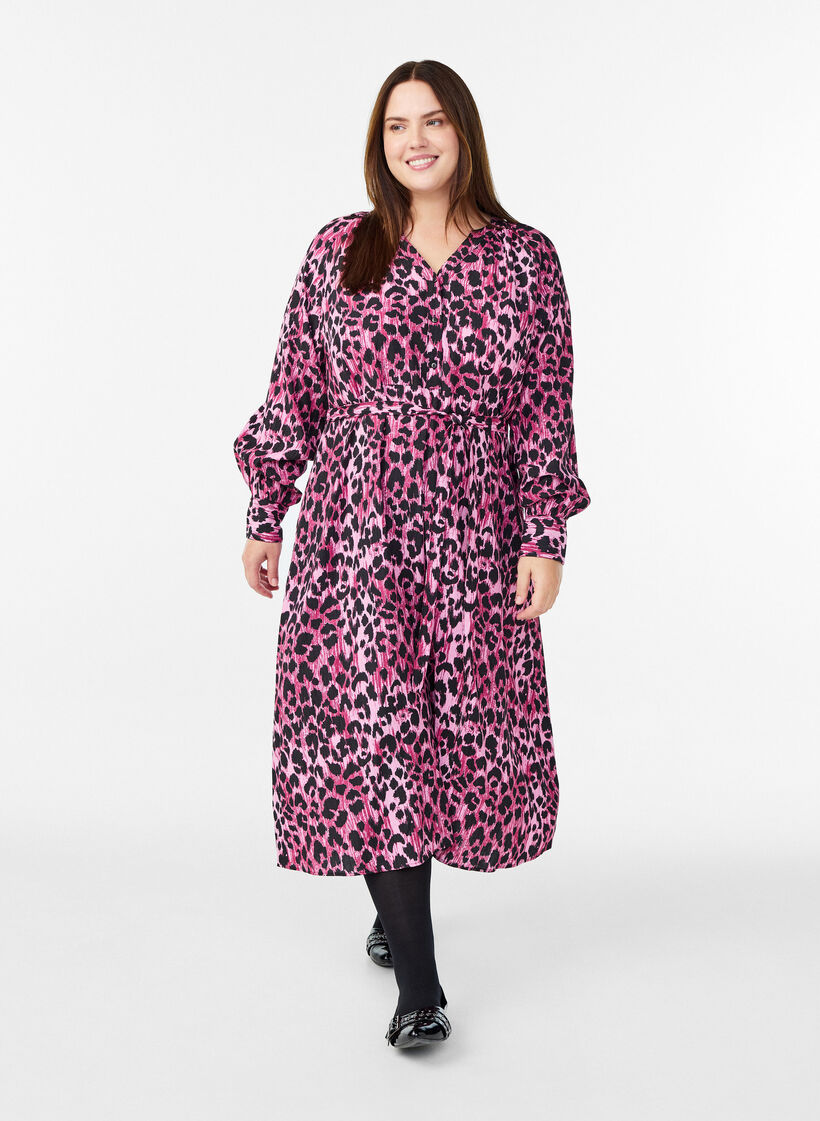 Midikjole med knappelukking og knytebelte, Rosa, Model image number 0