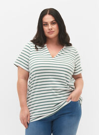 T-skjorte i bomull med striper og v-hals , B.White/SeaP.Stripes, Model