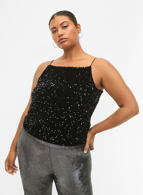 Overdel med paljetter og smale stropper, Black Sequins, Model