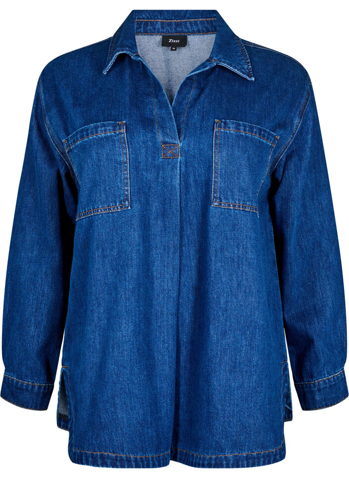 Denimbluse med krage, Unwashed, Packshot image number 0