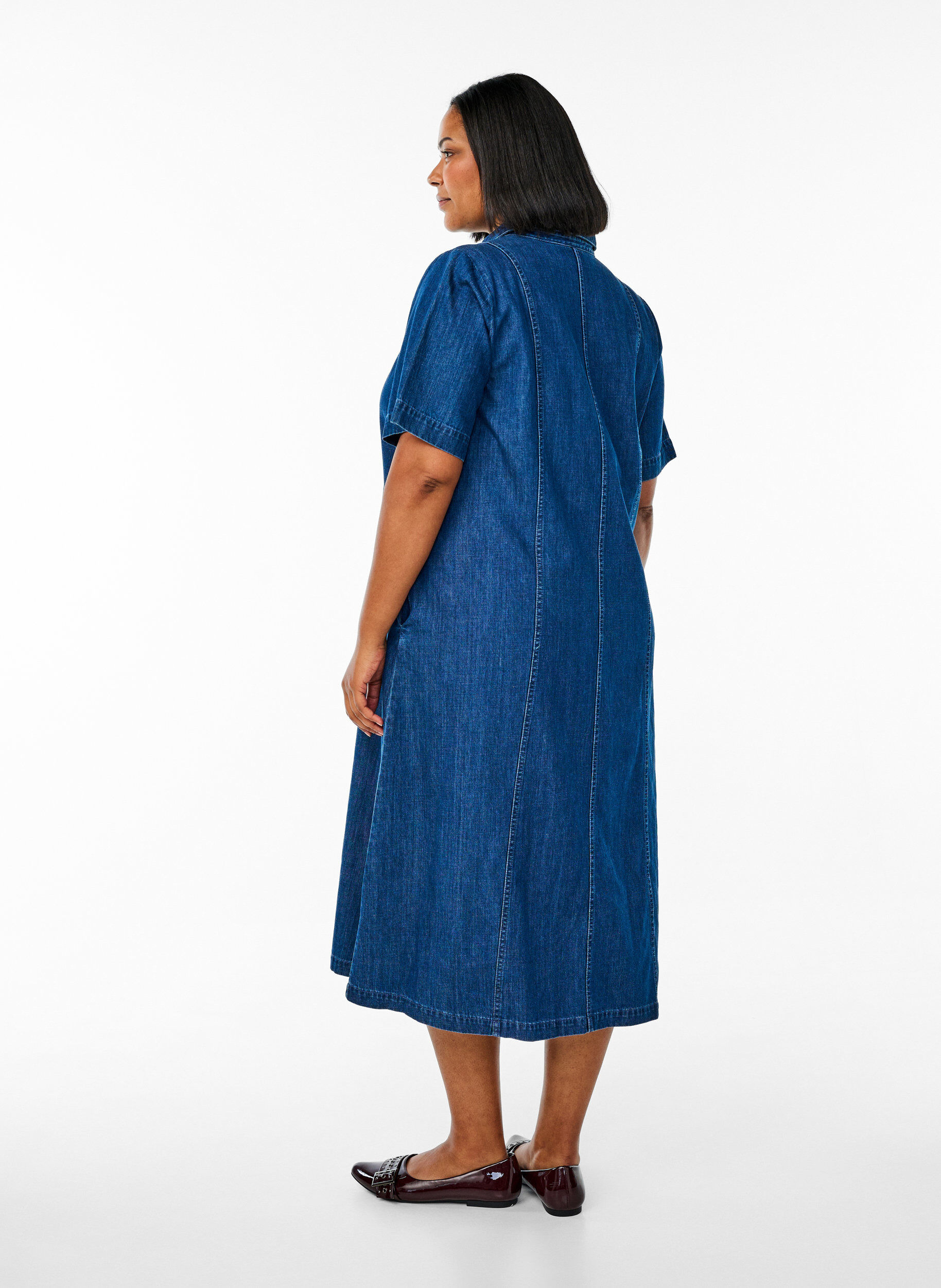 ZizziMidi-lang denim skjortekjole, Bl&aring;, Model image number 1