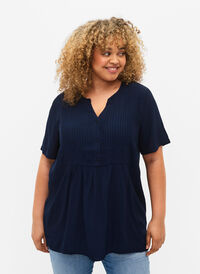 Bluse i viskose med korte ermer og folder, Navy Blazer, Model