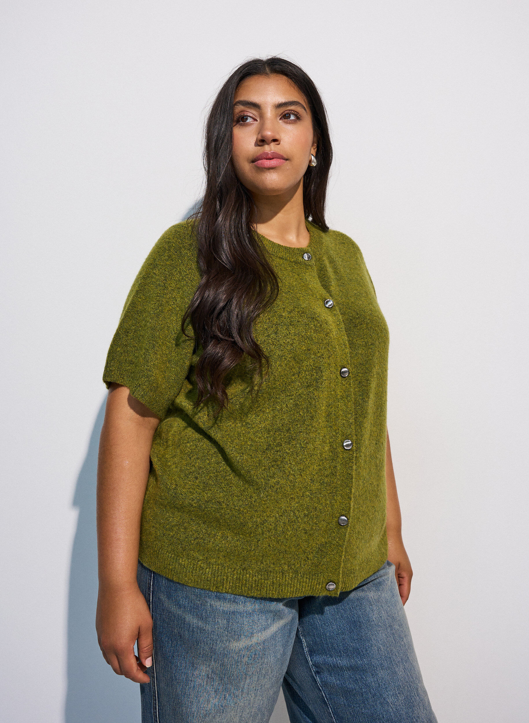 Strikket cardigan med korte ermer, Gr&oslash;nn, Model