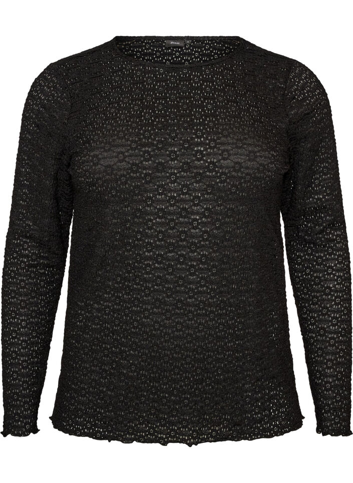 Bluse med hullm&oslash;nster og lange ermer, Svart, Packshot image number 0