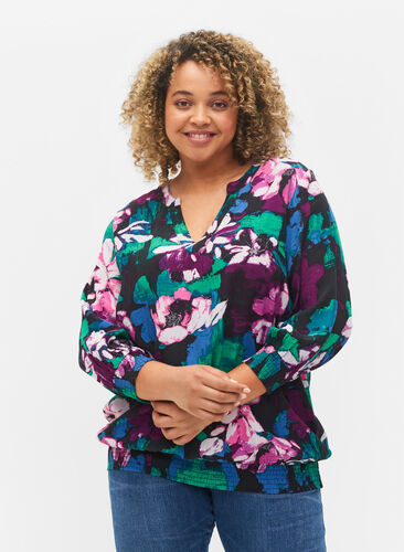 Blomstrete bluse med 3/4-ermer i viskose, Black Flower AOP, Model image number 0