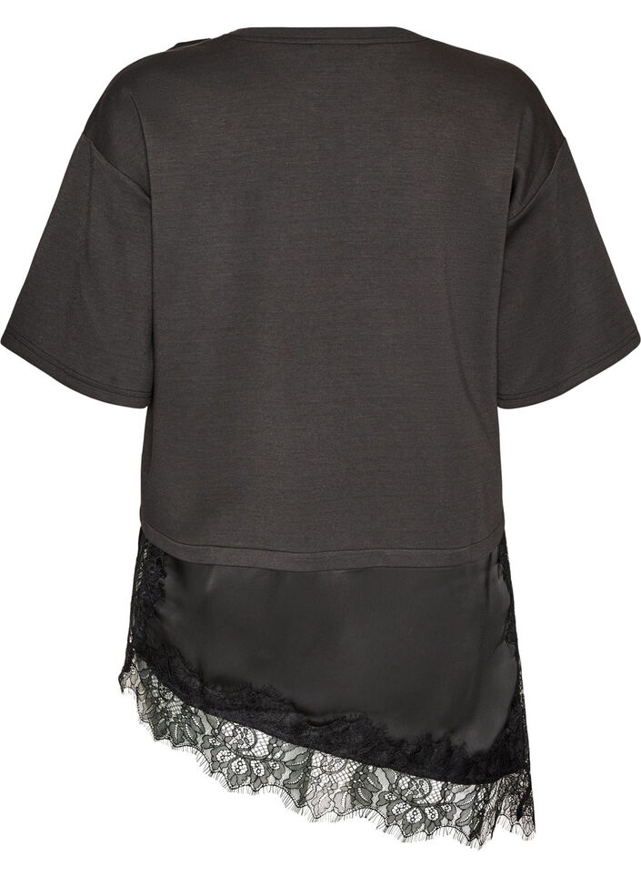 Jerseybluse med lag-p&aring;-lag-look og blonder, Svart, Packshot image number 1