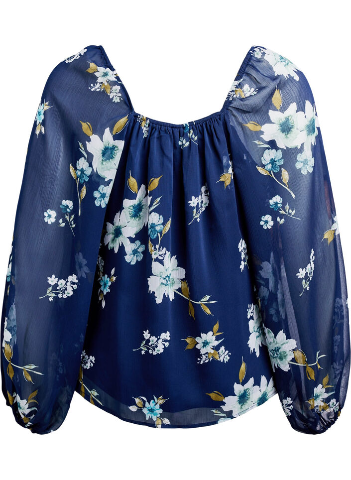 Chiffonbluse med blomstertrykk og lange ermer, Bl&aring;, Packshot image number 1