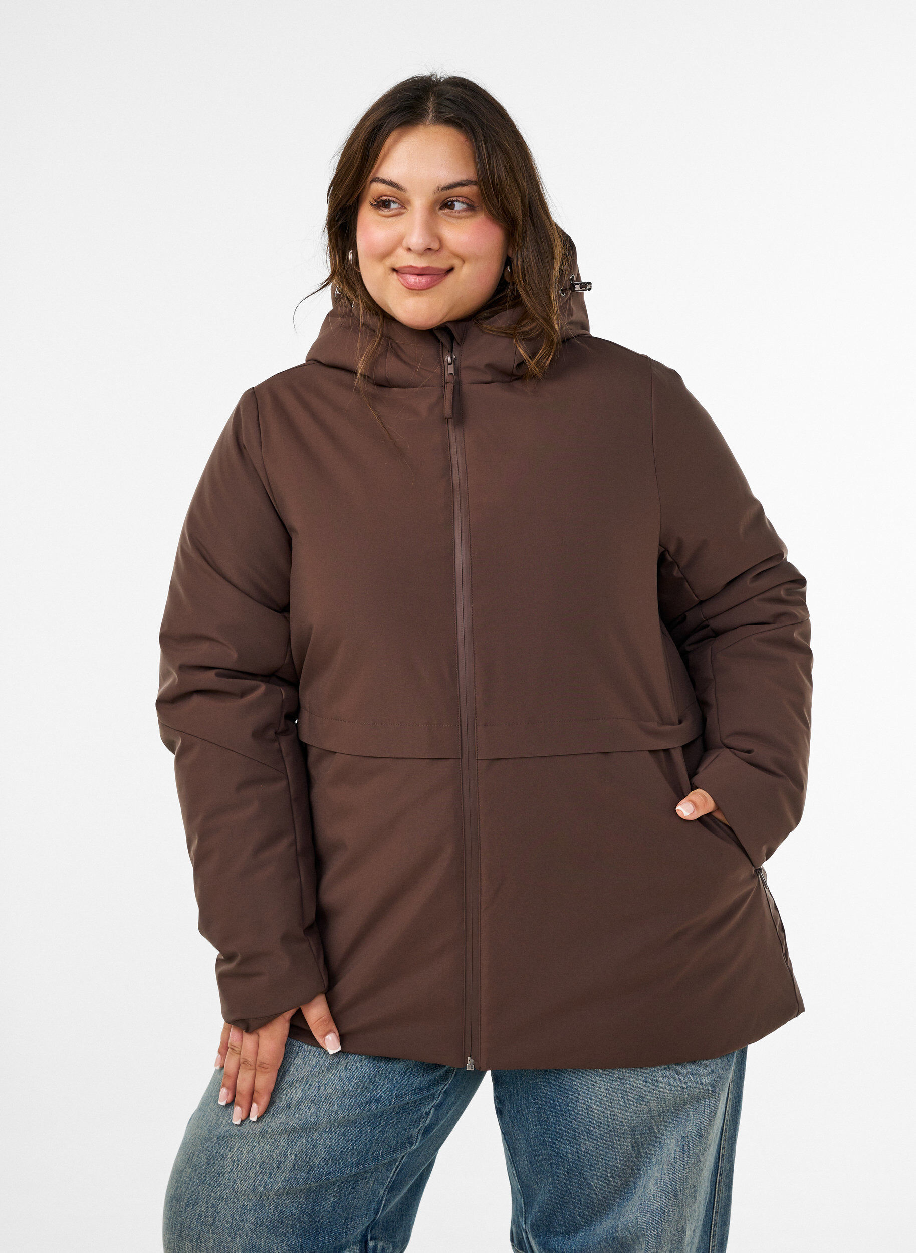 ZizziVinterjakke med hette og justerbar midje, Brun, Model image number 0