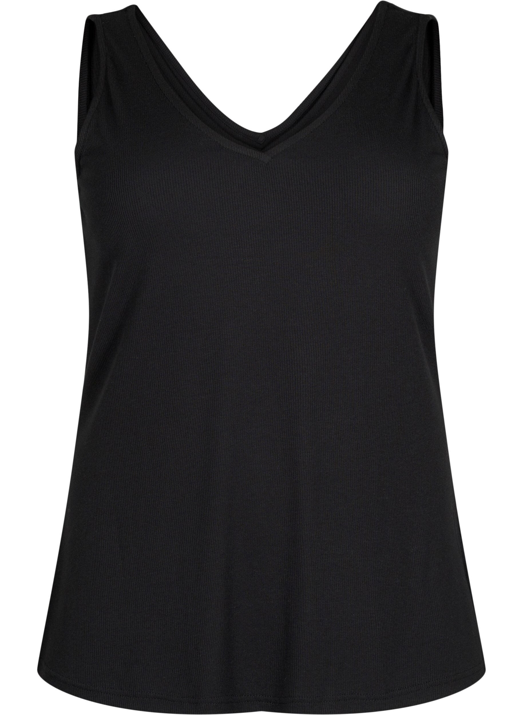 Zizzi Basic top i ribbet materiale med V-utskj&aelig;ring, Black, Packshot image number 0