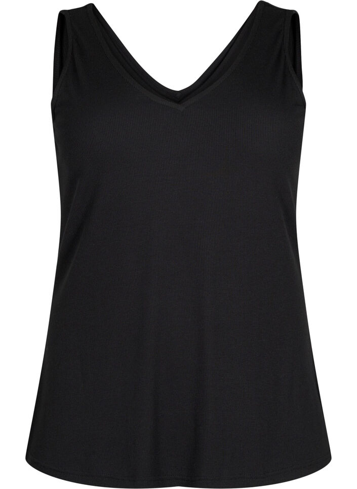 Basic top i ribbet materiale med V-utskjæring, Black, Packshot image number 0