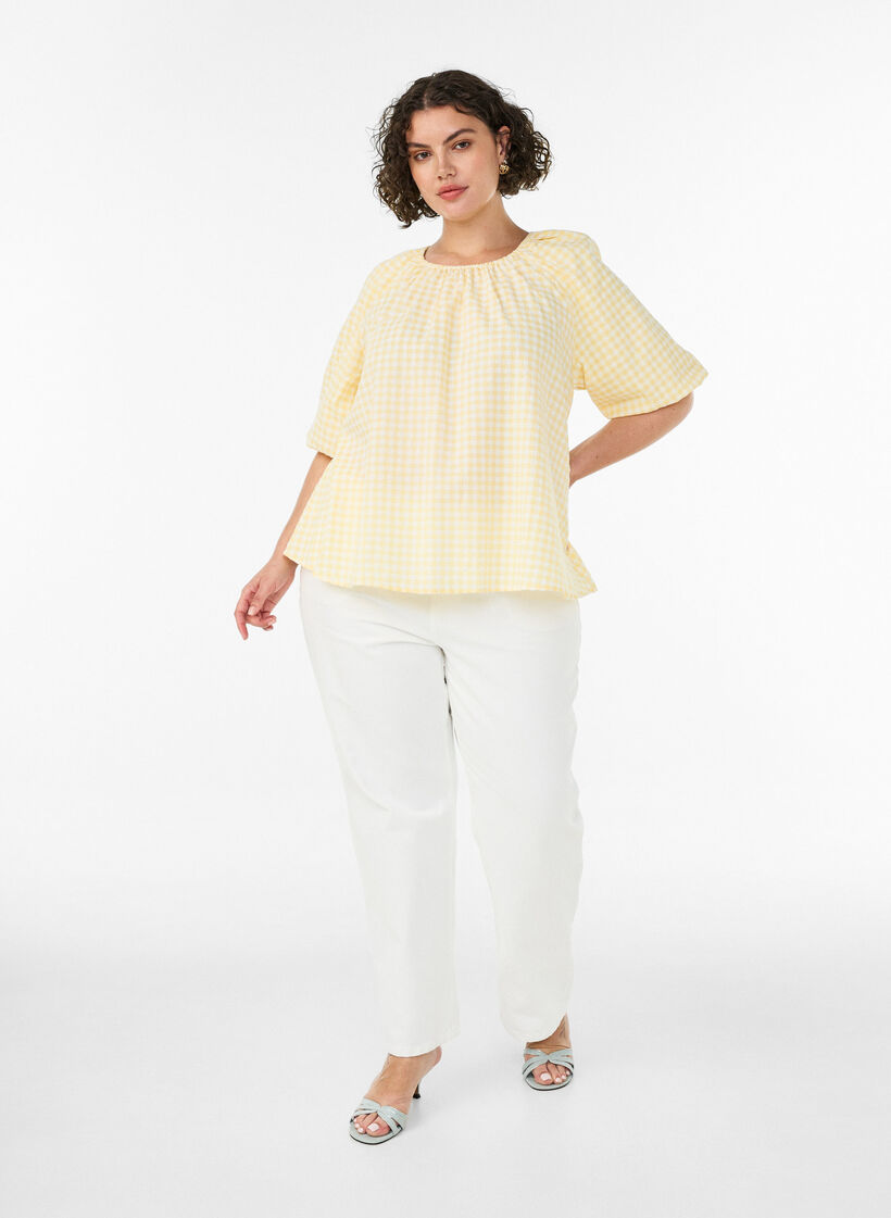 Liten rutete bluse med elastisk hals og albuelange ermer, Gul, Model image number 1