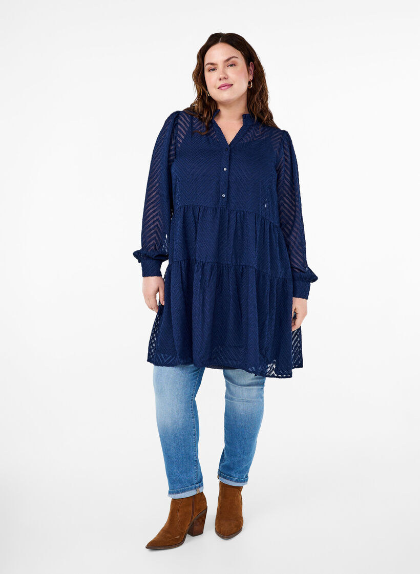 Kort, strukturmønstret kjole med volangkrage, Navy Blazer, Model image number 2