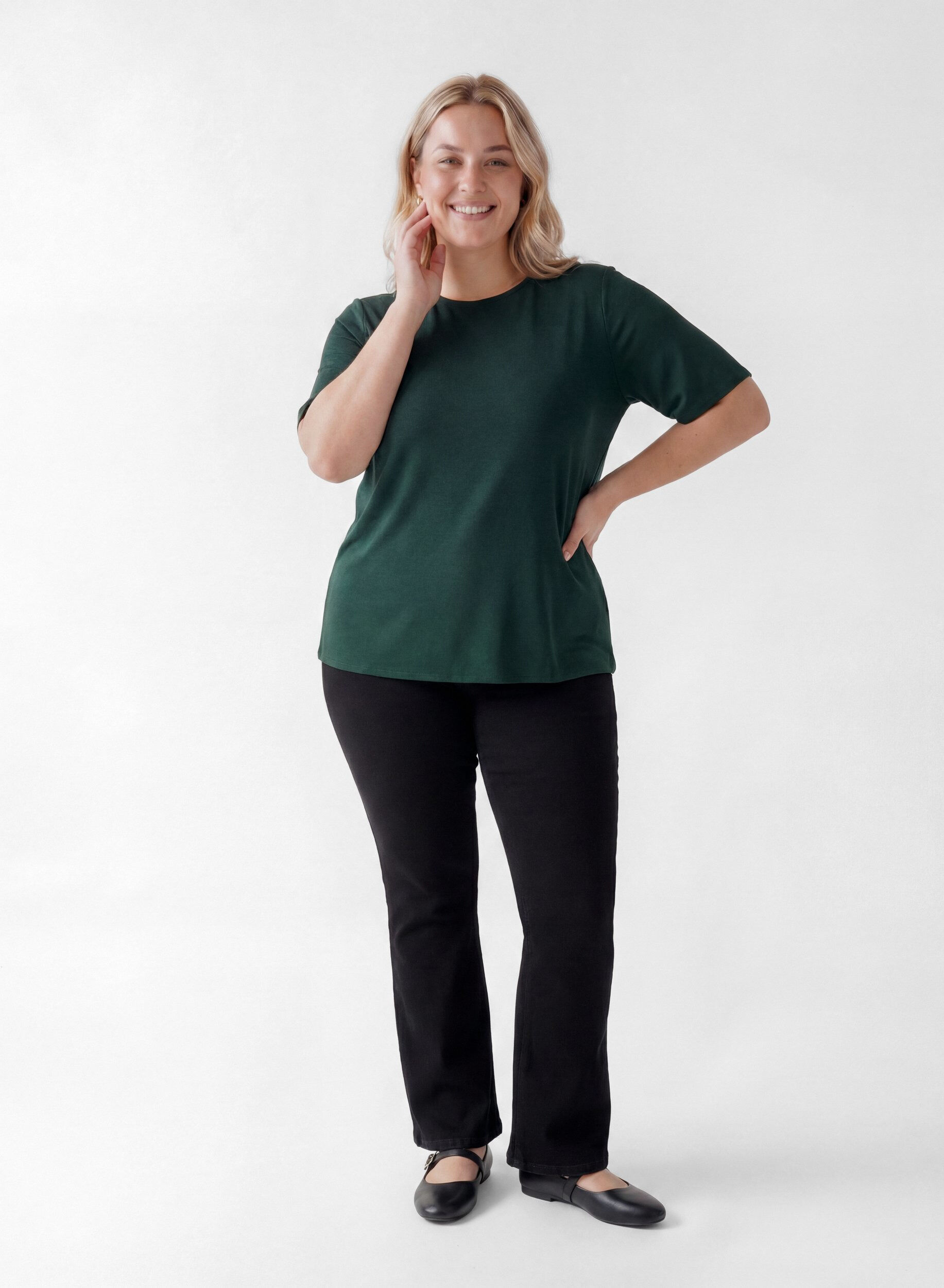 ZizziVevet bluse med korte ermer og rund hals, Gr&oslash;nn, Model image number 1