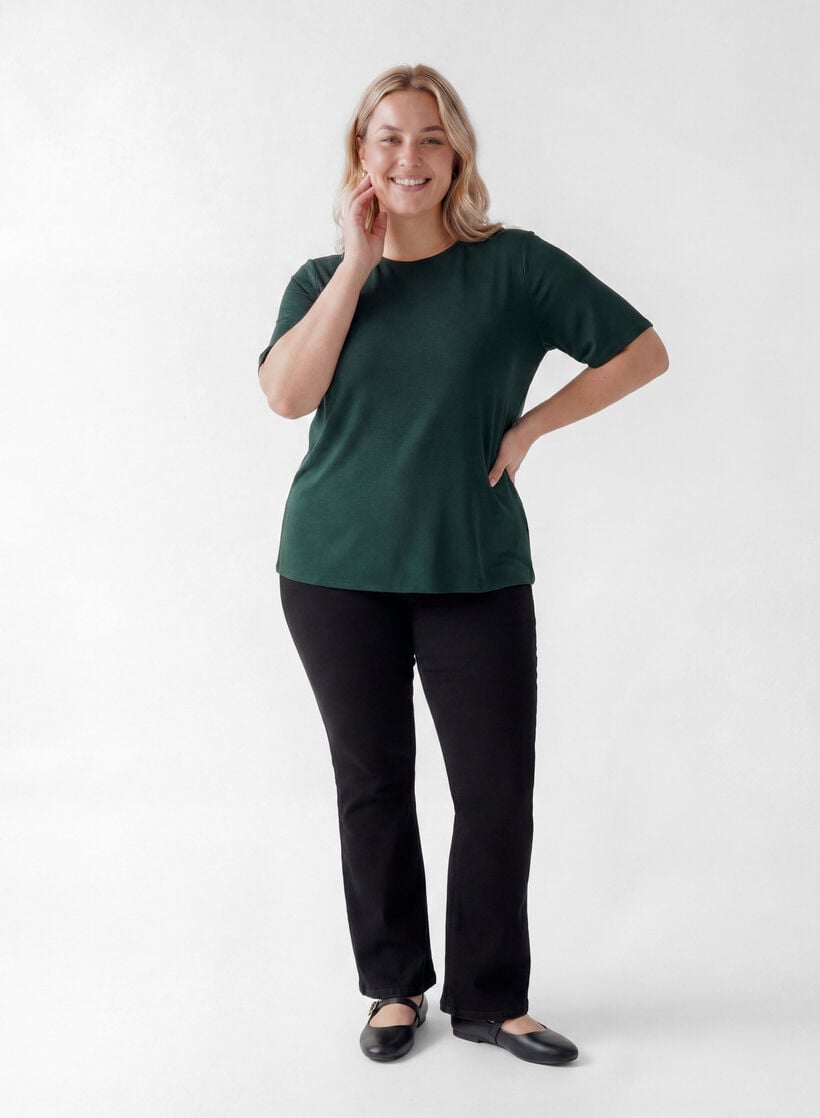 Vevet bluse med korte ermer og rund hals, Gr&oslash;nn, Model image number 1