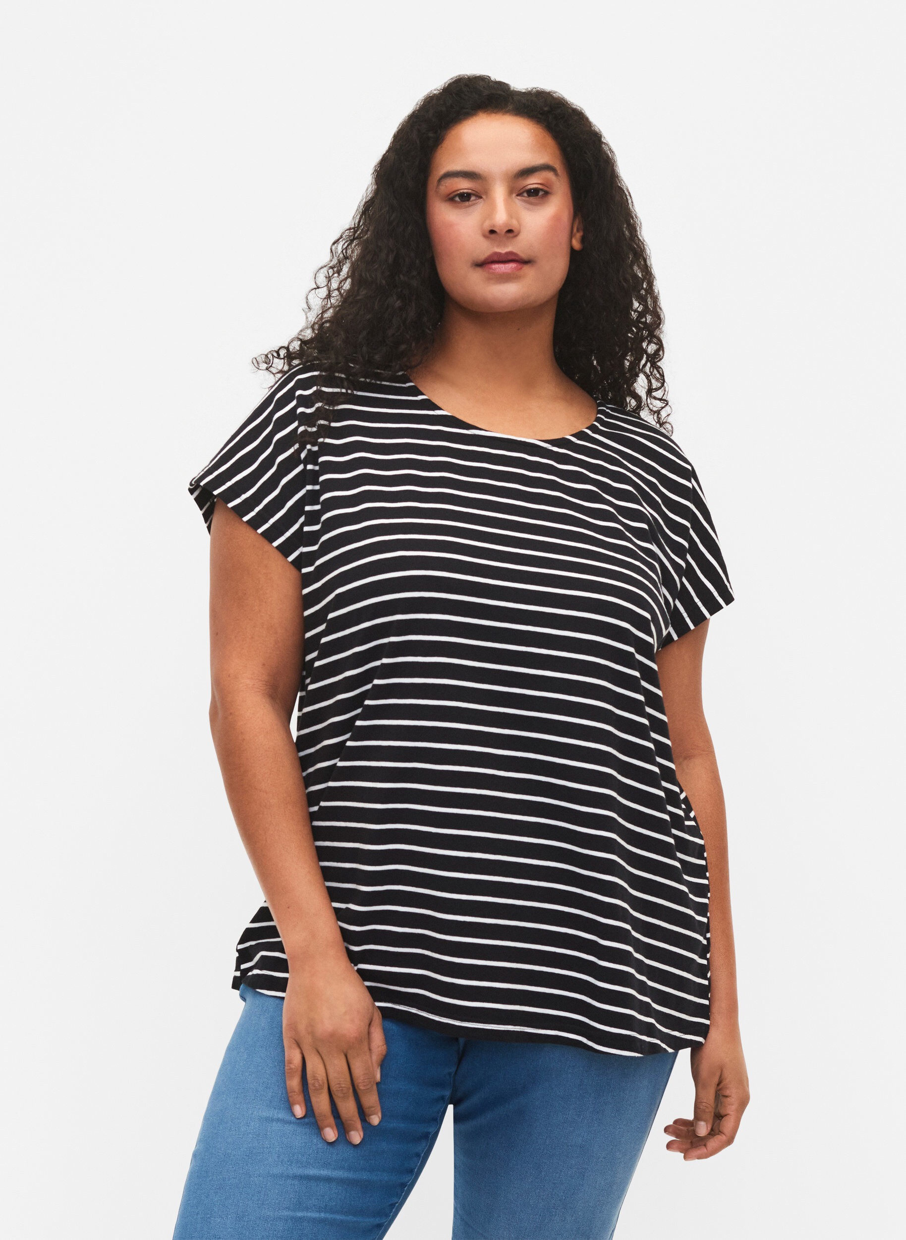 ZizziT-skjorte i bomull med striper, Black W. Stripe, Model image number 0