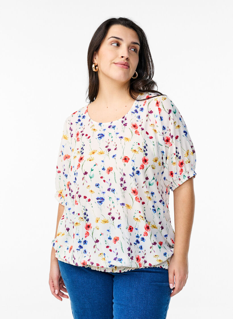 Blomstret bluse med vaffelsøm, Blå, Model image number 0
