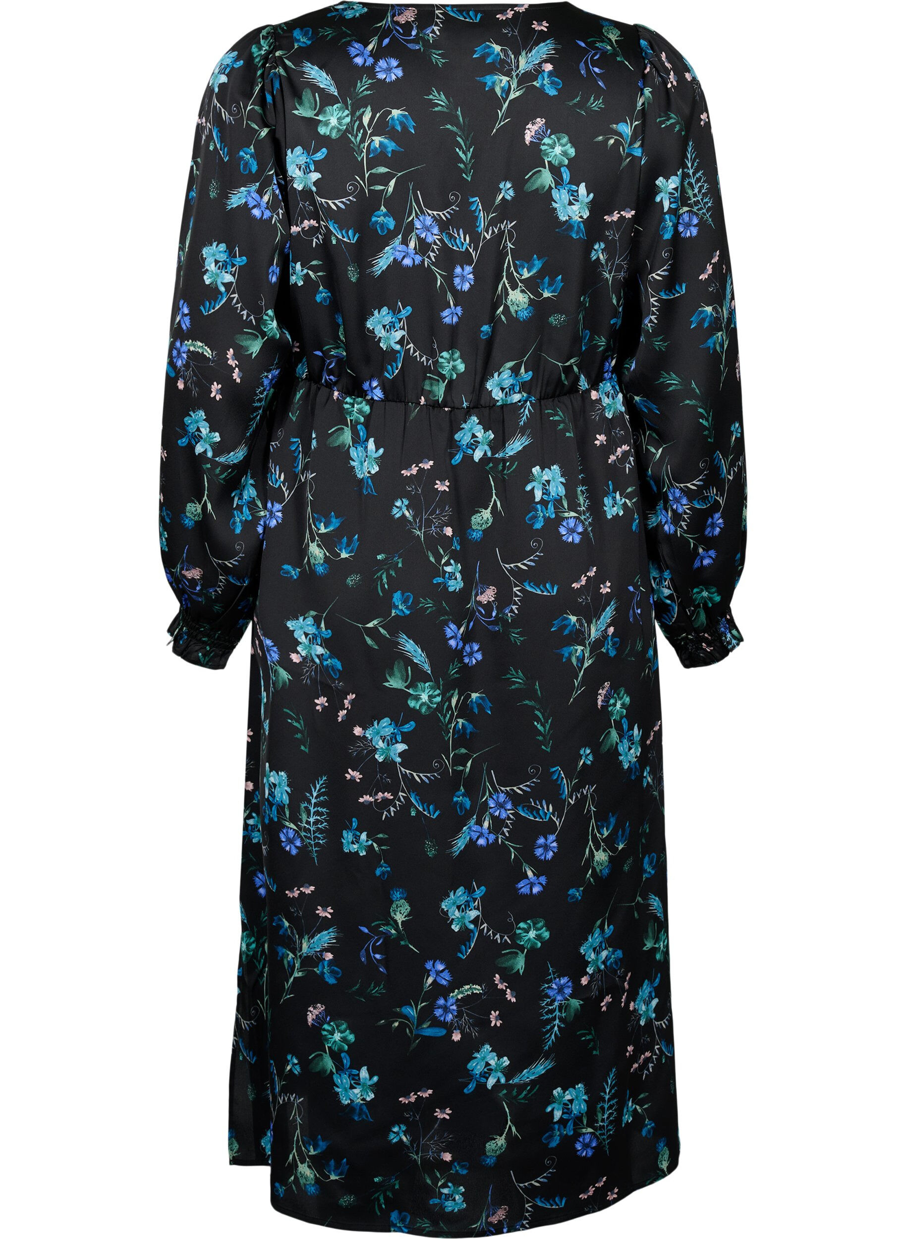ZizziMidikjole med lange ermer og blomstertrykk, Blue Flower AOP, Packshot image number 1