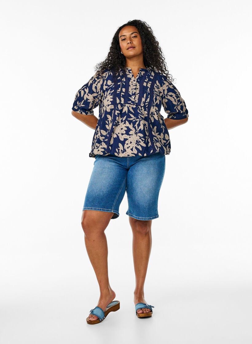 Bluse med trykk og 1/2 ermer, Bl&aring;, Model image number 1
