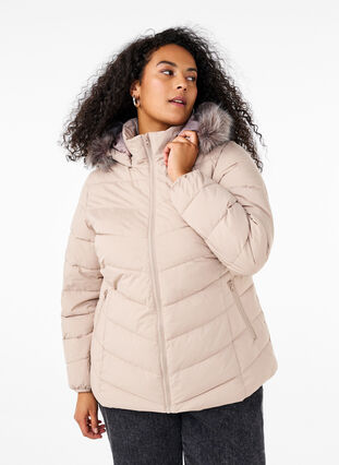 Zizzi Kort boblejakke med hette, Beige, Model image number 0