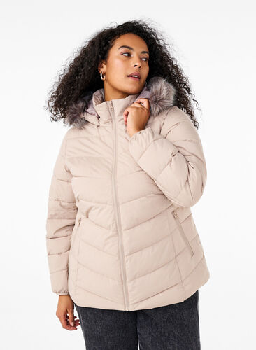 Zizzi Kort boblejakke med hette, Beige, Model image number 0