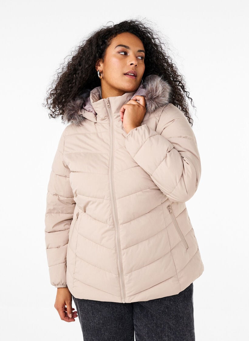 Kort boblejakke med hette, Beige, Model image number 0