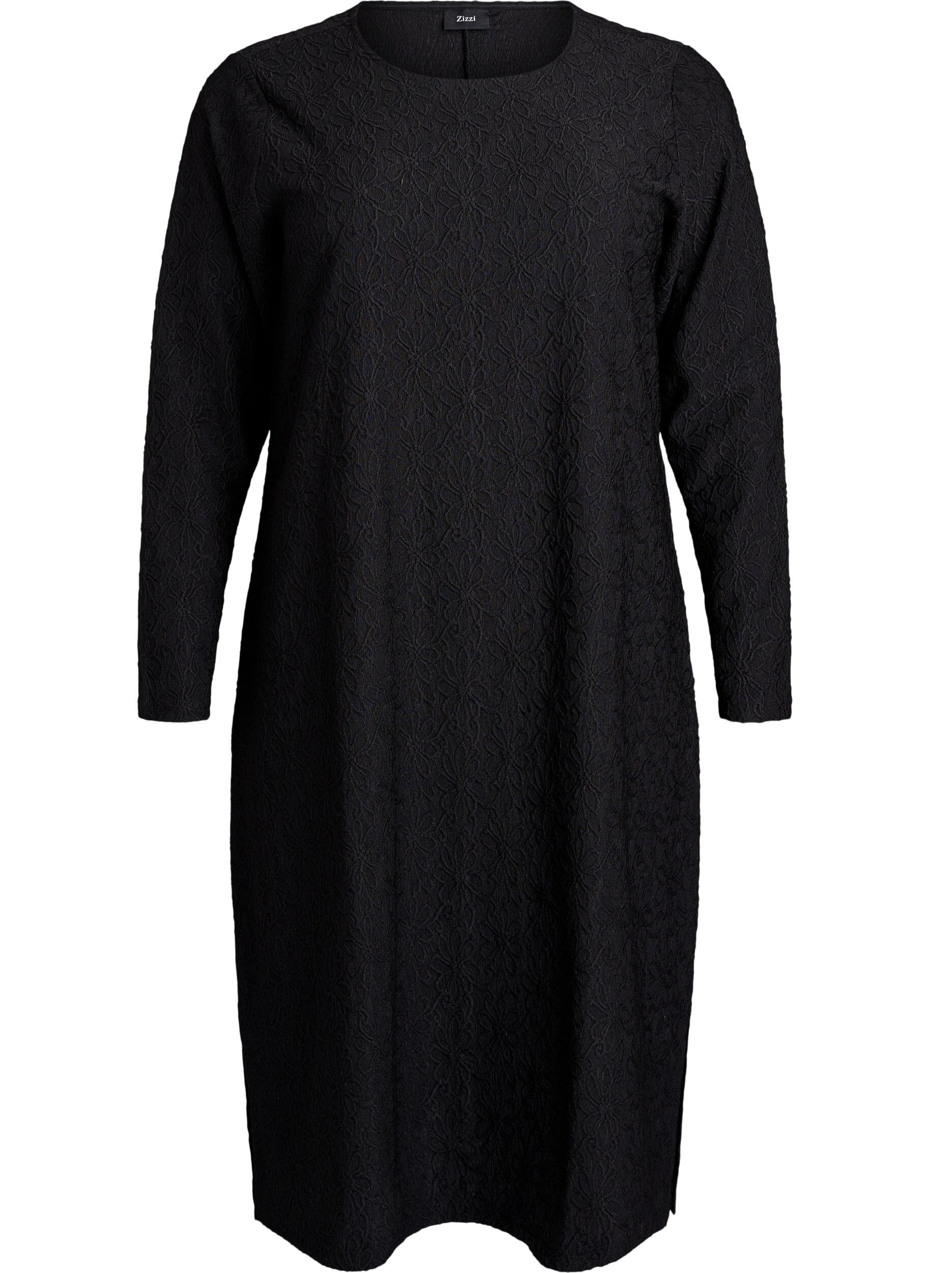 Blomstrete teksturert kjole med lange ermer