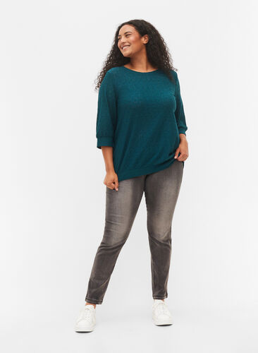 Bluse med 3/4-ermer og strukturmønster, Deep Teal, Model image number 2