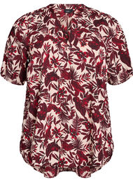 Bluse med blomsterprint og korte ermer, Off White Red Flower