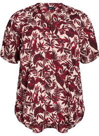 Bluse med blomsterprint og korte ermer, Rød Bluse med blomsterprint og korte ermer