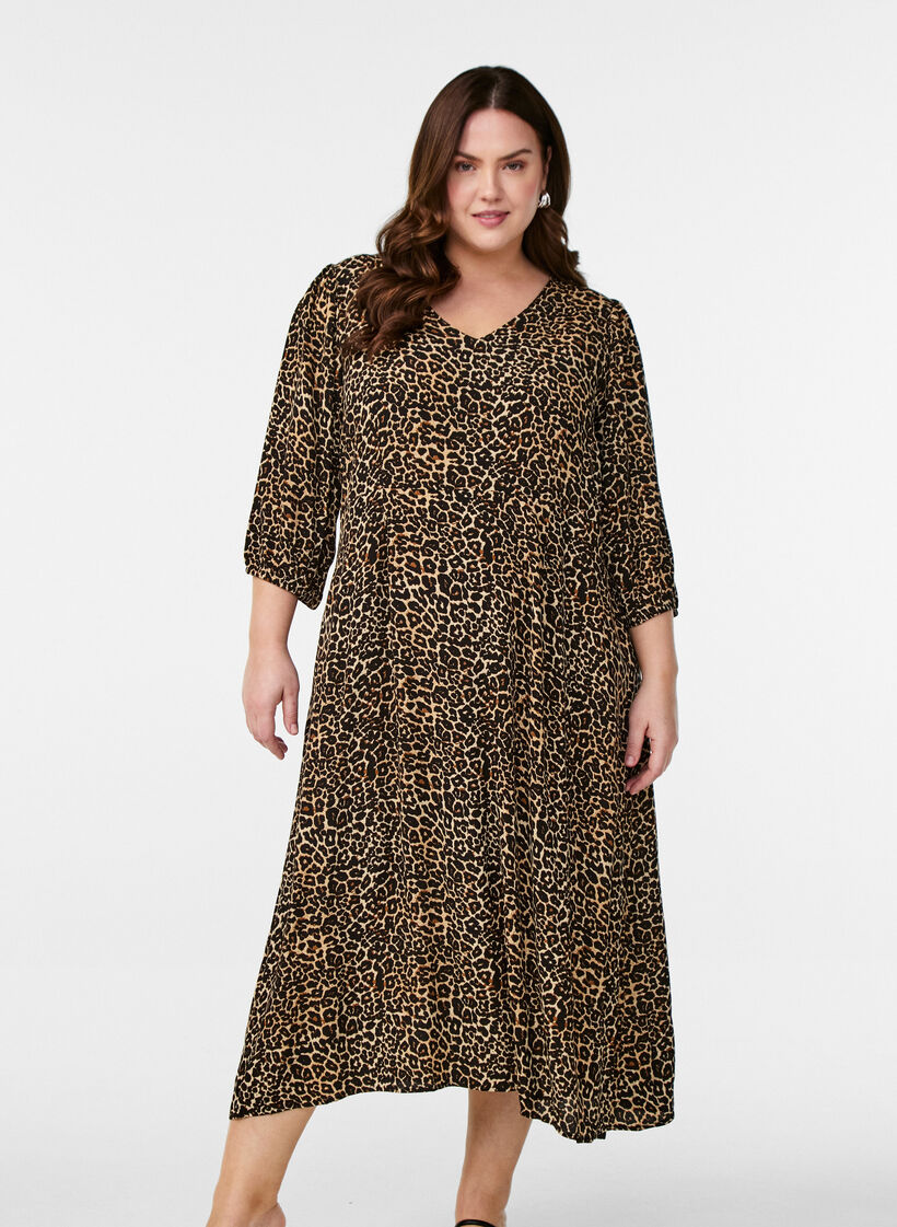 Midikjole med leopardm&oslash;nster og 3/4 ermer, Brun, Model image number 0
