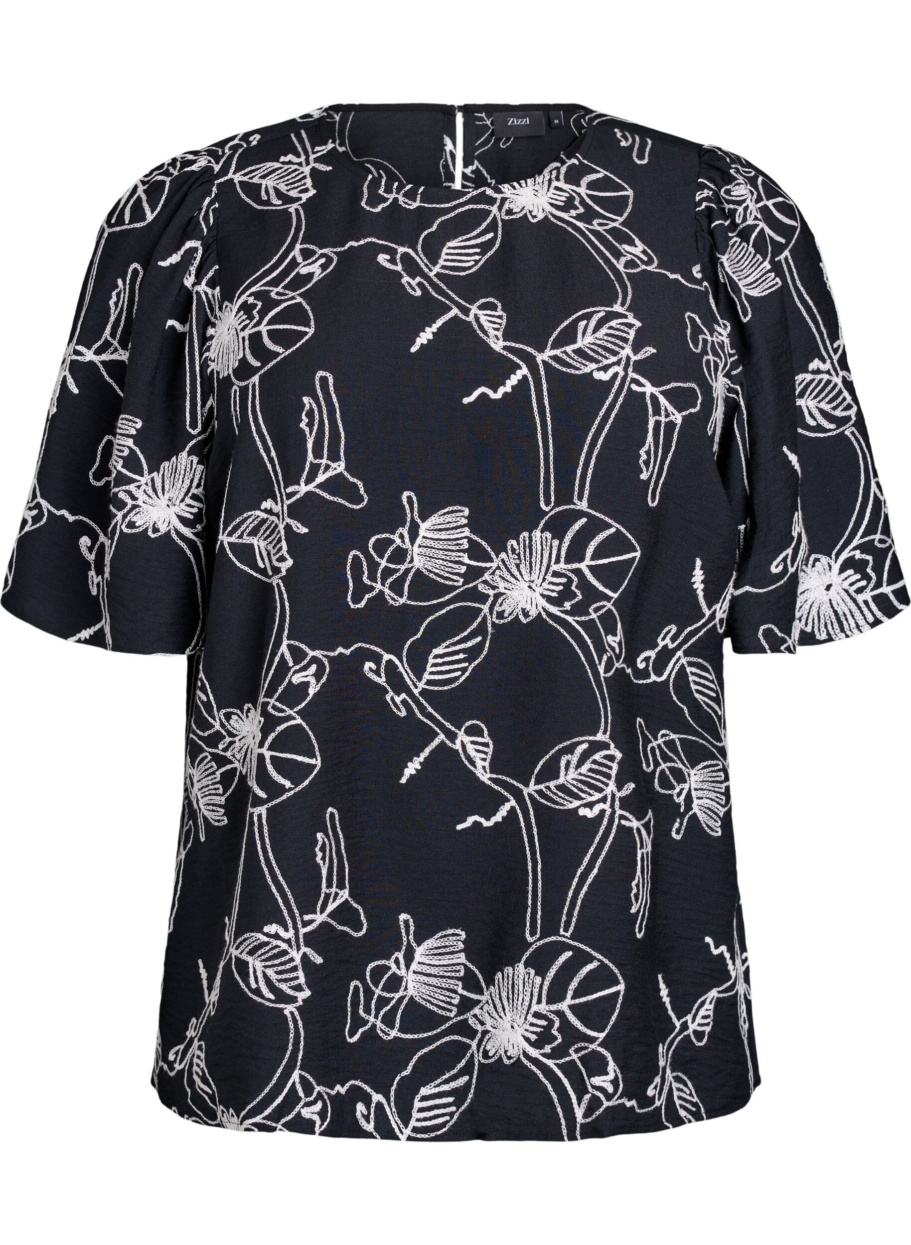 Kortermet bluse med brodert m&oslash;nster