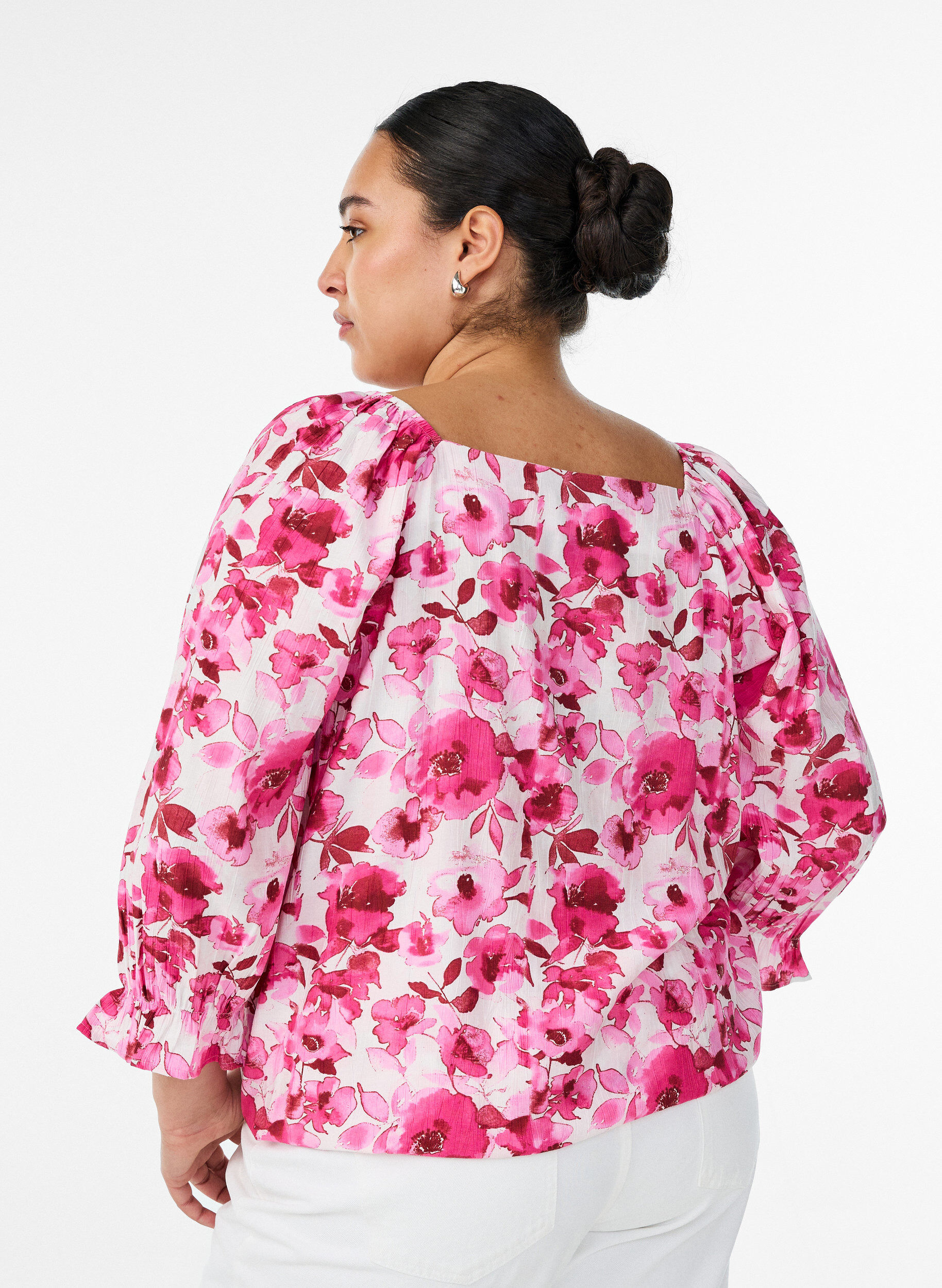 Zizzi Viskosebluse med firkantet hals og 3/4-ermer, Rosa, Model image number 2