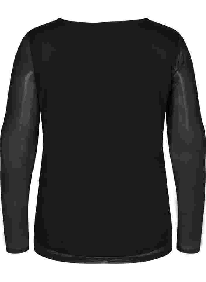 Tettsittende bluse i mesh med V-hals, Black, Packshot image number 1