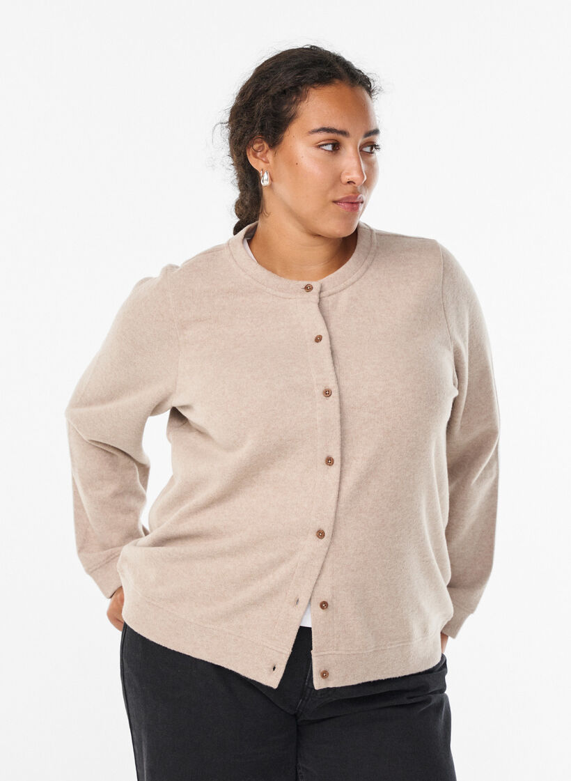 Jersey cardigan med rund hals og knapper, Beige, Model image number 0