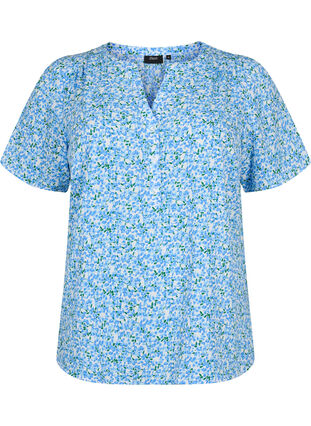 Bluse med korte ermer og V-hals, Blue Small Flower, Packshot image number 0