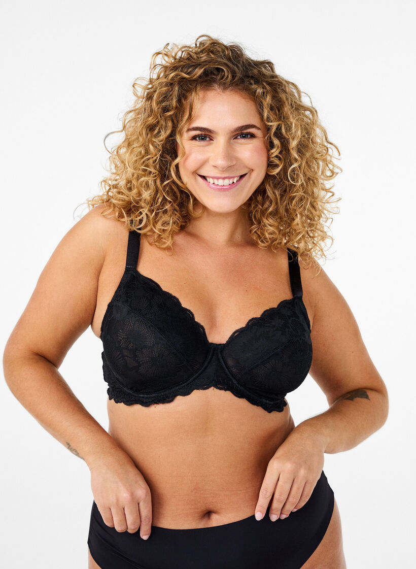Heldekkende BH med blonder, Svart, Model image number 0