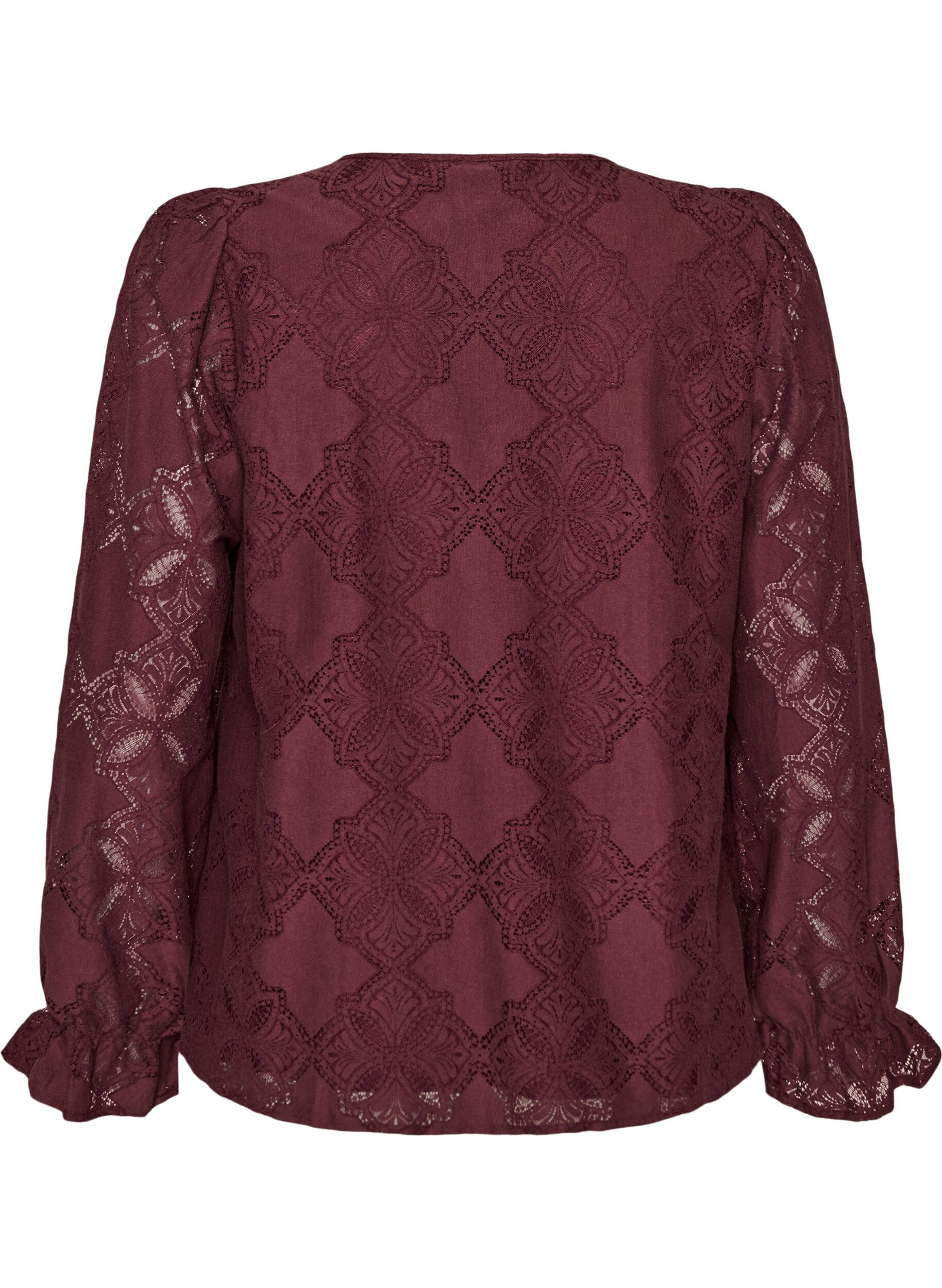 ZizziLangermet bluse med blondem&oslash;nster, M&oslash;rk Bordeaux, Packshot image number 1