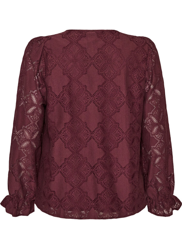 Langermet bluse med blondem&oslash;nster, M&oslash;rk Bordeaux, Packshot image number 1